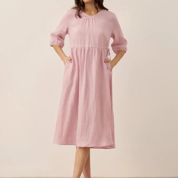 Lintico 100% Linen A-Line Drawstring Waist Midi Dixie Dress Size XL - Picture 2 of 12